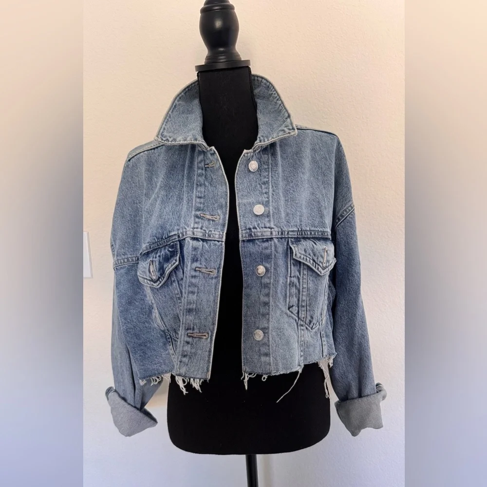Zara Blue oversized Cropped Denim Jacket - Picture 1 of 9
